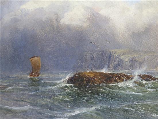 Late 19th century English School Fishing boats in a rough sea off coastal cliffs 7 x 9in.